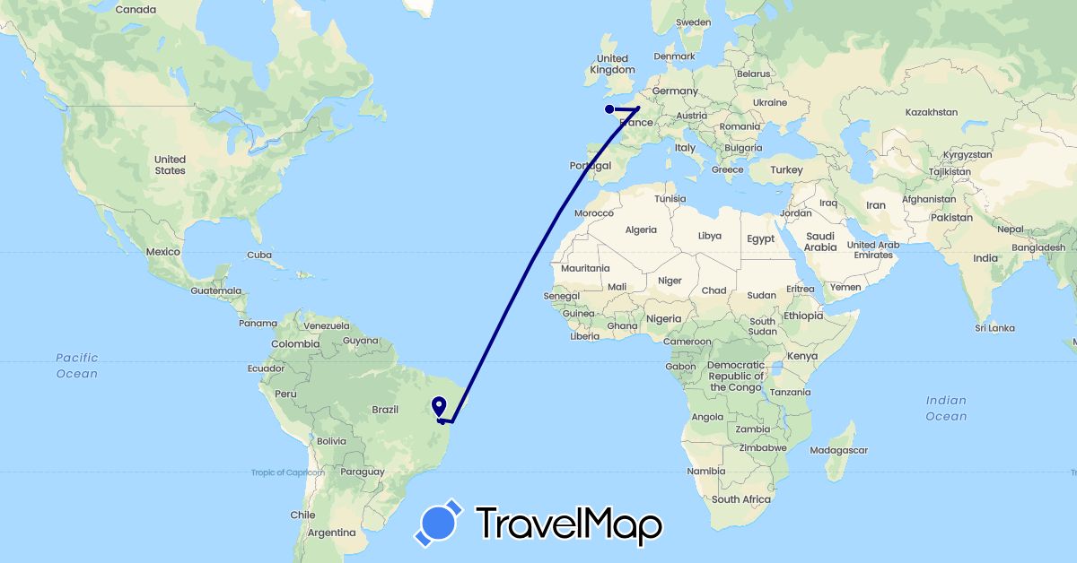 TravelMap itinerary: driving in Brazil, France, Portugal (Europe, South America)